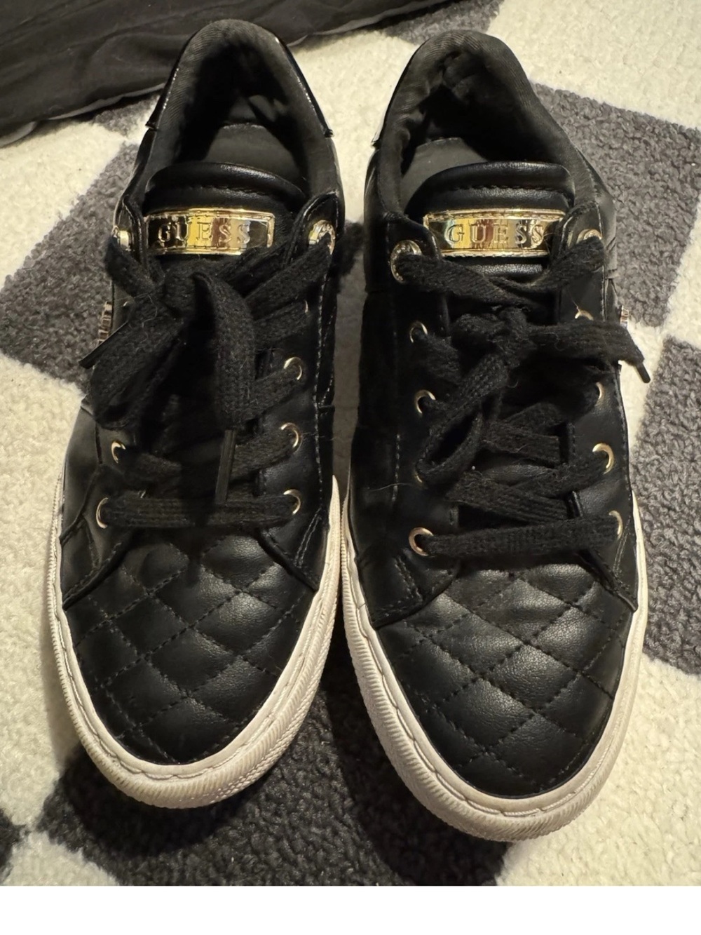 GUESS Black Quilted Lace-Up Sneakers with Gold Accents